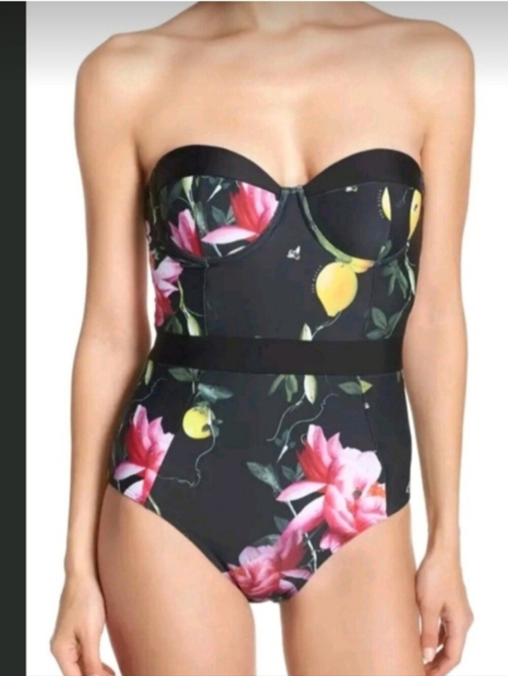 Ted Baker London One Piece Swimsuit Black Floral Lemon Print Underwire Bustier - Picture 12 of 14